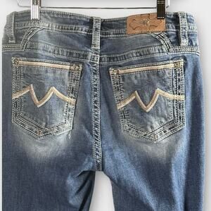 Miss Me Hailey Skinny Distressed Blue Jeans Size 31 with white and tan stitching